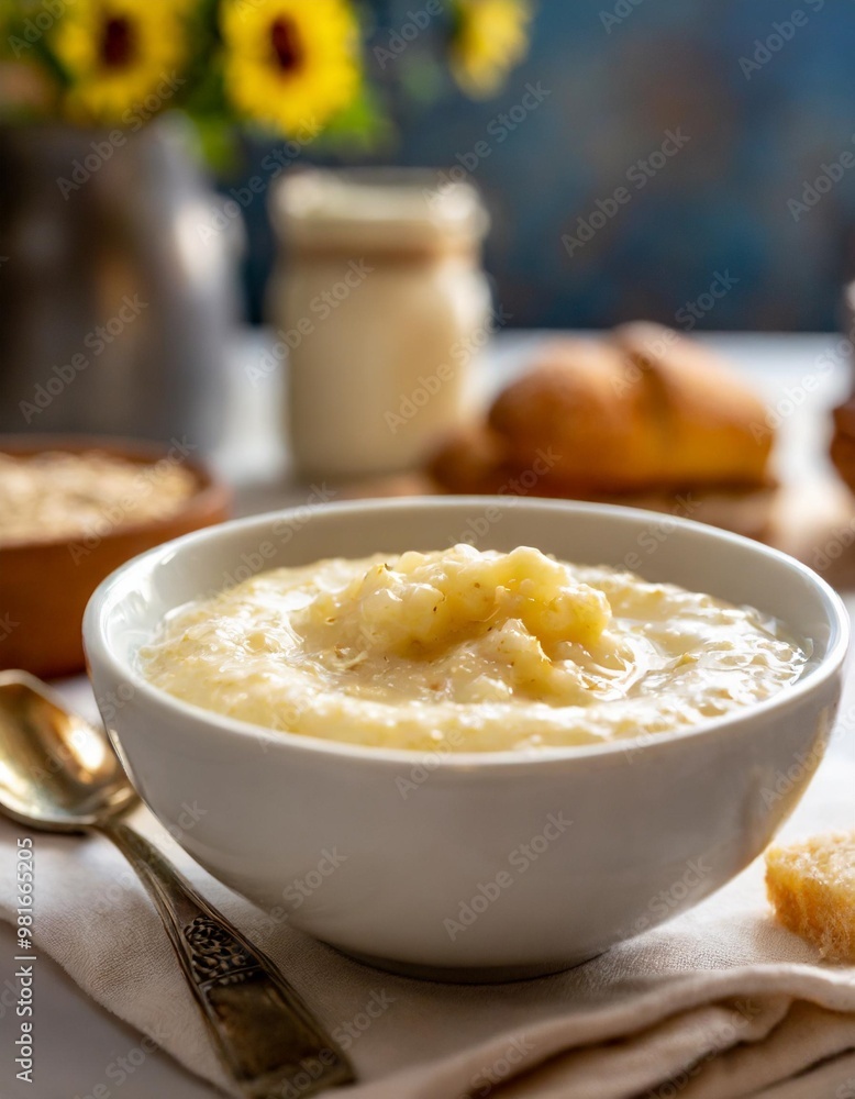 Comforting breakfast porridge with depth of field showcasing creamy textures and warm flavors Comforting breakfast porridge with depth of field showcasing creamy textures and warm flavors