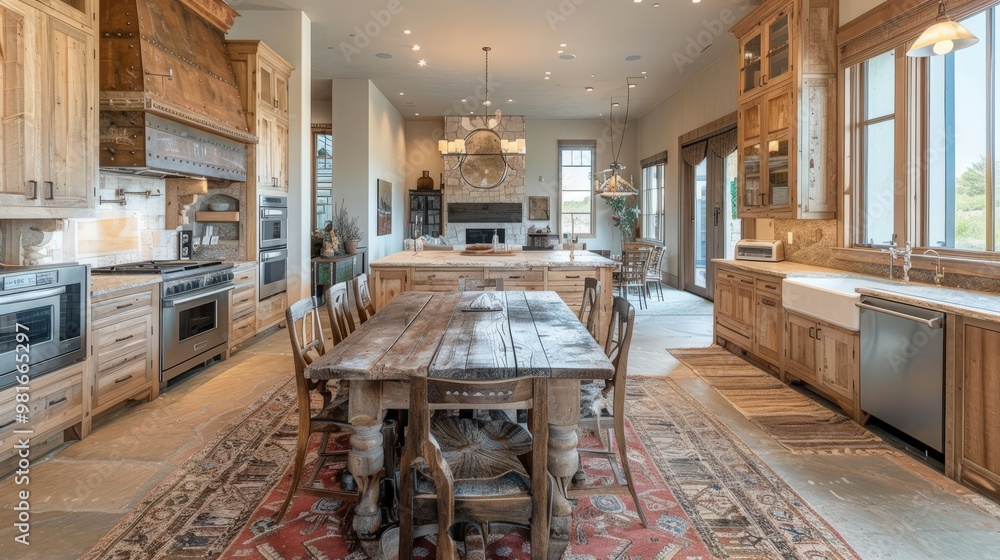 Obraz premium Warm and inviting rustic kitchen with wooden cabinets, rugged stone countertops, and a large farmhouse table, ideal for comfortable and stylish cooking.
