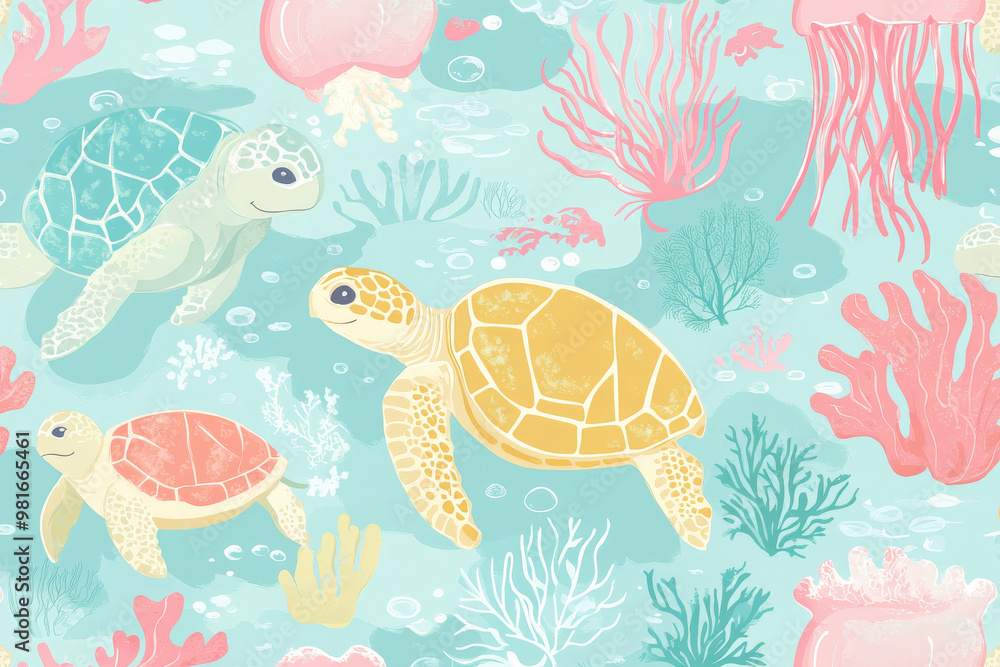 A vibrant seamless design featuring playful sea turtles, jellyfish, and coral reefs in colorful pastels, perfect for a fun marine wallpaper. A vibrant seamless design featuring playful sea turtles, jellyfish, and coral reefs in colorful pastels, perfect for a fun marine wallpaper.