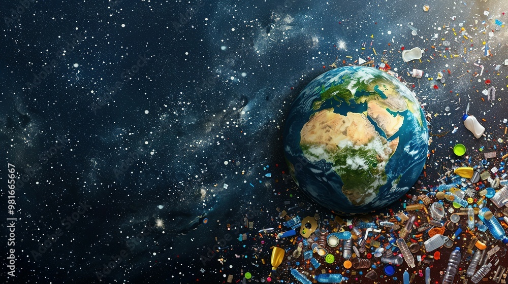 Earth Surrounded by Space Debris and Plastic Pollution Earth Surrounded by Space Debris and Plastic Pollution