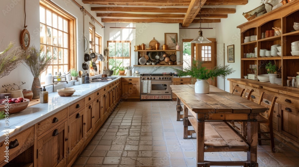 Traditional rustic kitchen with wooden cabinets, stone countertops, and a large farmhouse table offering a welcoming and homey ambiance. Traditional rustic kitchen with wooden cabinets, stone countertops, and a large farmhouse table offering a welcoming and homey ambiance.