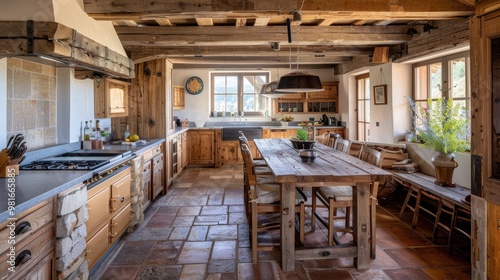 Warm and inviting rustic kitchen with wooden cabinets, stone countertops, and a large farmhouse table for a cozy environment.