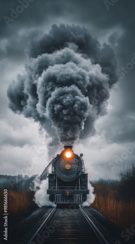 A steam locomotive powers down the railroad tracks, emitting thick smoke under dark clouds. photo