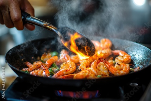 Chef hand in restaurant kitchen with pan, cooking flambe on shrimps , ai