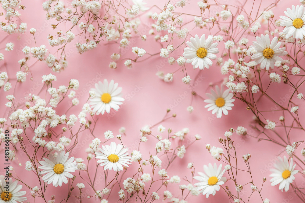 A whimsical floral background featuring dainty daisies and baby’s breath scattered across a pastel pink backdrop, creating a soft and playful feel. A whimsical floral background featuring dainty daisies and baby’s breath scattered across a pastel pink backdrop, creating a soft and playful feel.