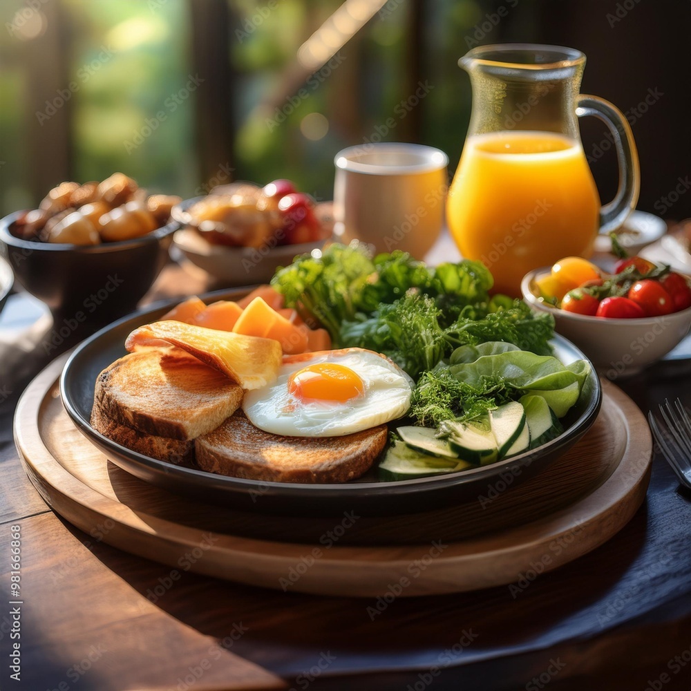 Savory breakfast options with depth of field featuring eggs, vegetables, and wholesome flavors Savory breakfast options with depth of field featuring eggs, vegetables, and wholesome flavors