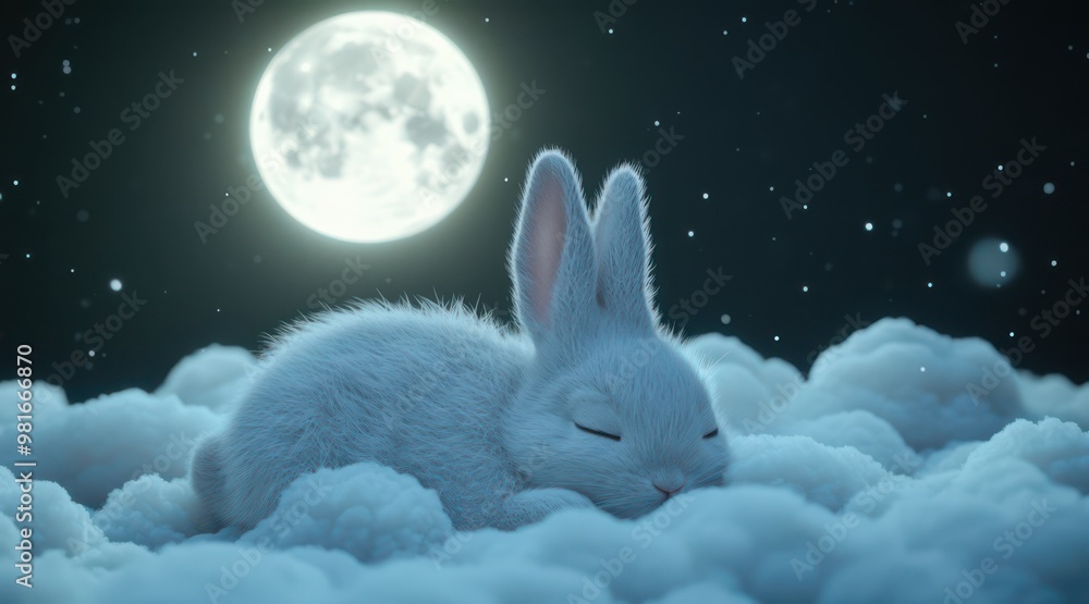 A fluffy white rabbit peacefully sleeping on soft clouds under the glow of a full moon. A fluffy white rabbit peacefully sleeping on soft clouds under the glow of a full moon.