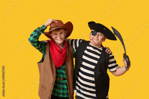 Cute happy boys with sword ...