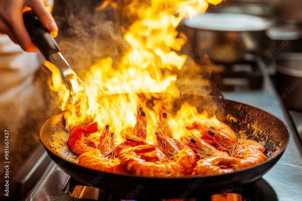 Chef hand in restaurant kitchen with pan, cooking flambe on shrimps , ai Chef hand in restaurant kitchen with pan, cooking flambe on shrimps , ai