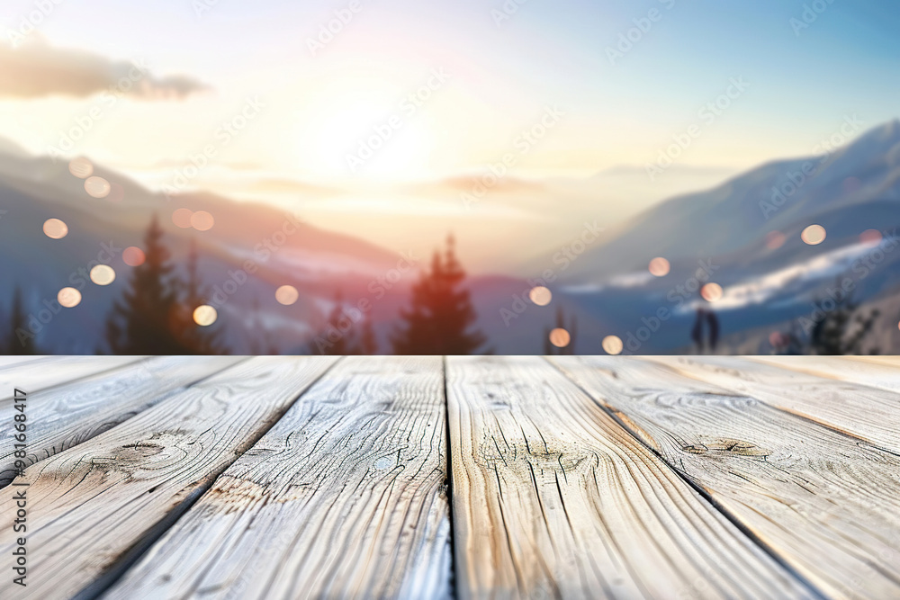 A wooden table with a view of mountains in the background., A wooden table with a view of mountains in the background.,