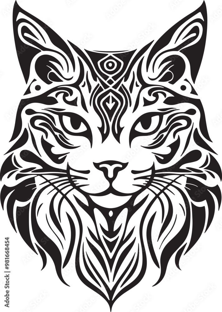 Fototapeta premium Tribal cat head tattoo laser cut file isolated, ornate gothic black animal silhouette for decal, logo, stickers, Mandala vector eps, monochrome Line art vector illustration