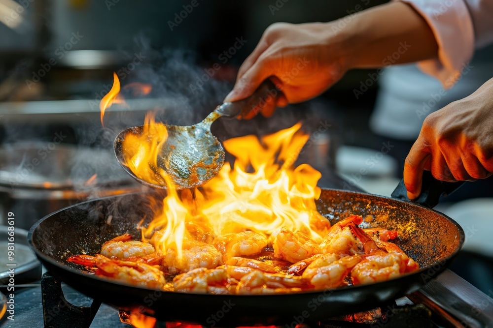 Chef hand in restaurant kitchen with pan, cooking flambe on shrimps , ai Chef hand in restaurant kitchen with pan, cooking flambe on shrimps , ai