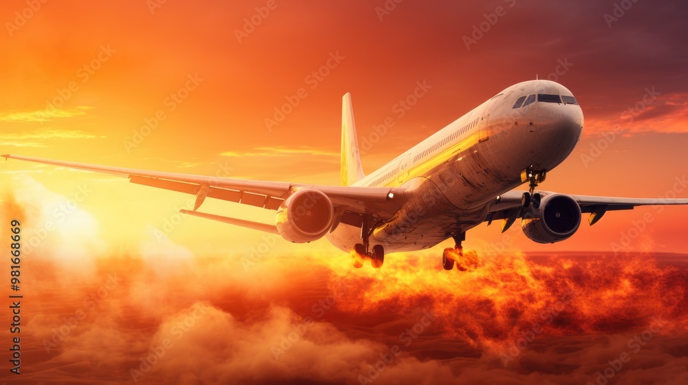 A commercial airplane flies through a fiery sunset, leaving a trail of smoke and fire in its wake. A commercial airplane flies through a fiery sunset, leaving a trail of smoke and fire in its wake.