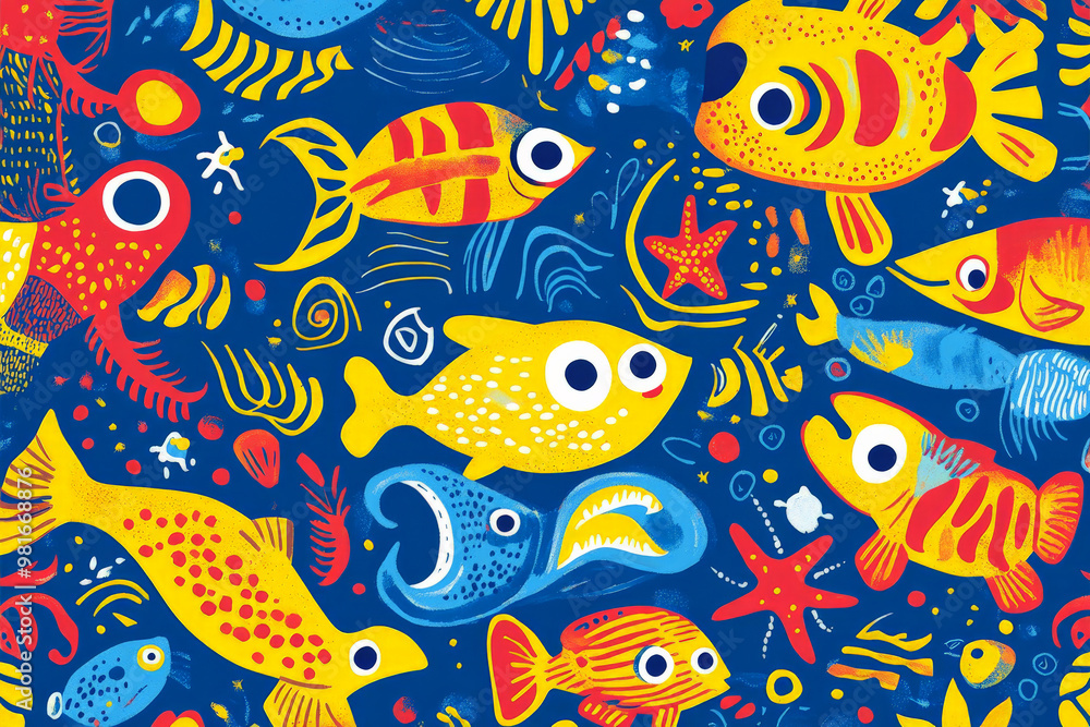 Obraz premium A vibrant doodle design featuring playful sea creatures like fish, crabs, and starfish in bold blues, yellows, and reds, perfect for kids' fabric or wallpaper.