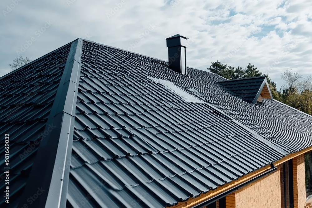 Black metal roof shingles on a house. This photo is perfect for illustrating the details of modern roofing materials. Black metal roof shingles on a house. This photo is perfect for illustrating the details of modern roofing materials.