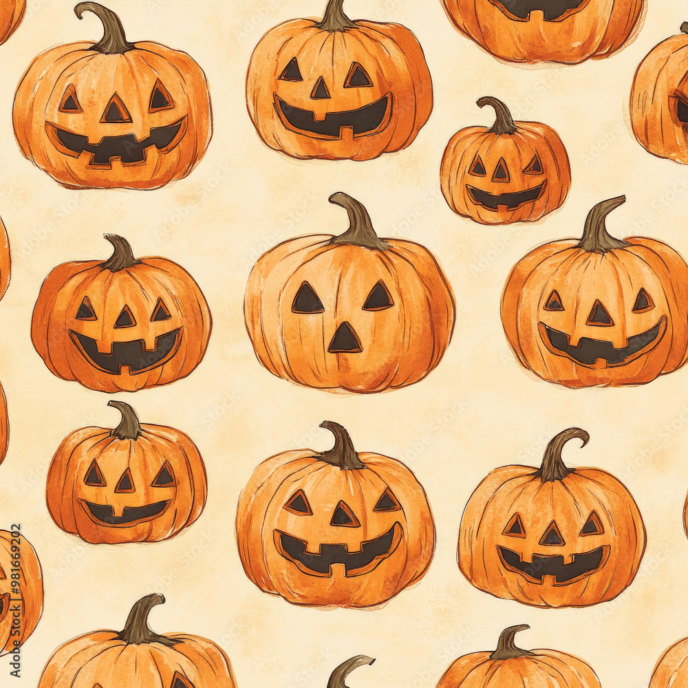 Hand-drawn Halloween pattern featuring pumpkins with carved faces, rendered in soft orange tones with subtle shading, arranged in a repeating pattern. Hand-drawn Halloween pattern featuring pumpkins with carved faces, rendered in soft orange tones with subtle shading, arranged in a repeating pattern.