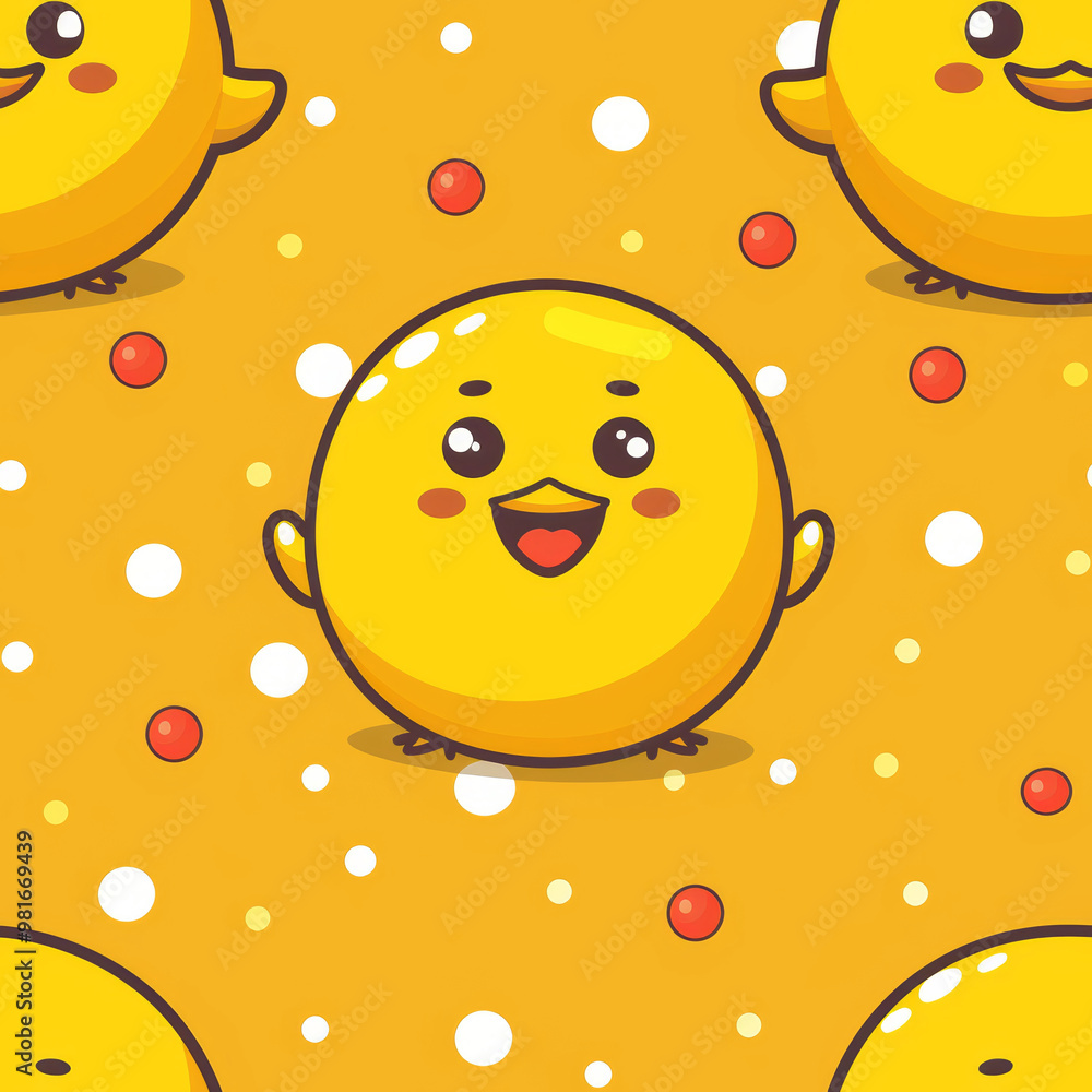 Bright yellow cartoon chicks with smiling faces are scattered across a sunny background adorned with colorful dots, creating a cheerful and playful atmosphere. Bright yellow cartoon chicks with smiling faces are scattered across a sunny background adorned with colorful dots, creating a cheerful and playful atmosphere.