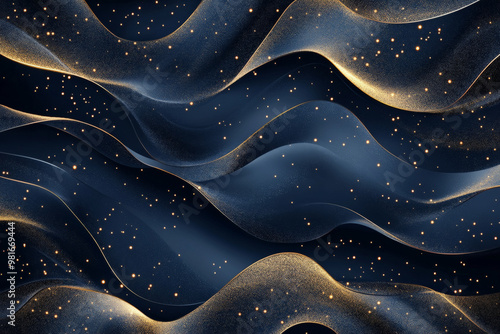 A luxury abstract background with thin, golden lines gracefully flowing across a deep navy blue background, creating a sense of sophistication.