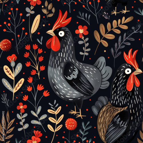 Two detailed roosters surrounded by vibrant flowers and foliage create a lively composition against a dark backdrop, showcasing artistic creativity and nature's beauty together. photo