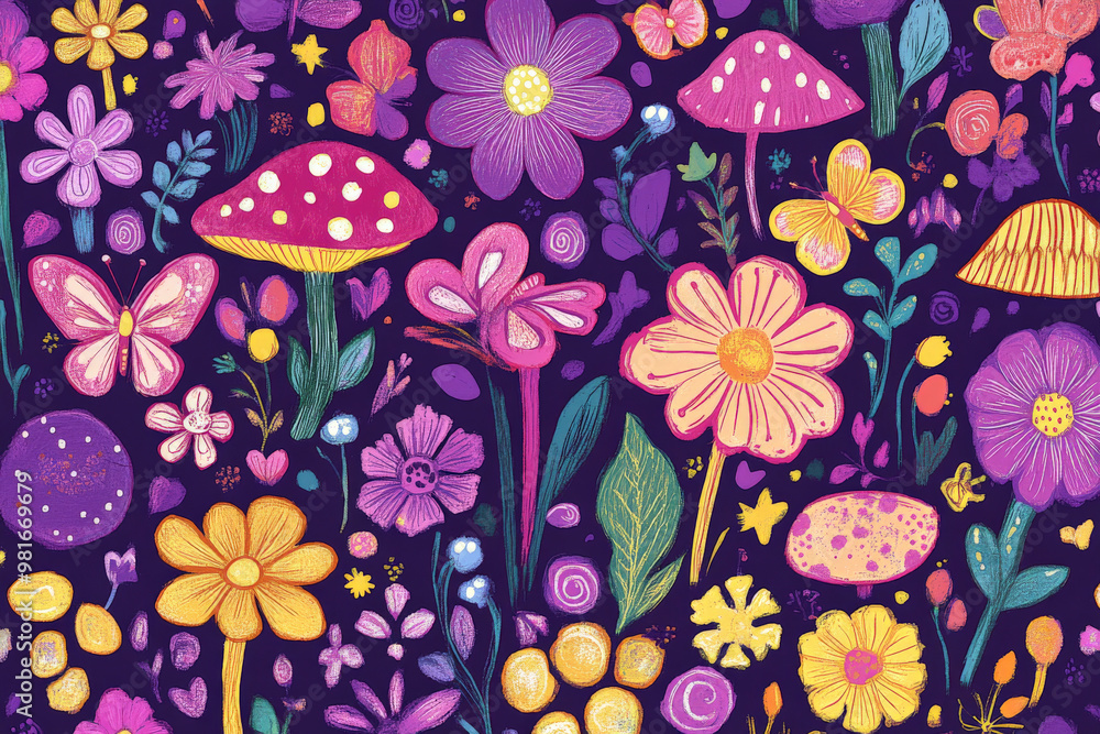Doodle design with happy flowers, mushrooms, and butterflies in bright pinks, purples, and yellows, perfect for kids' prints or wallpaper. Doodle design with happy flowers, mushrooms, and butterflies in bright pinks, purples, and yellows, perfect for kids' prints or wallpaper.