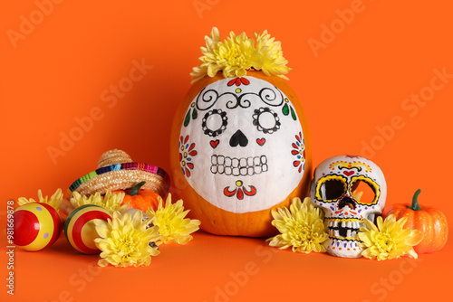 Pumpkin with painted skull,...