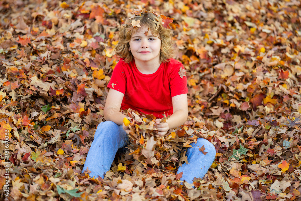 Autumn Baby Portrait In Fall Yellow Leaves. Little Child play in Park Outdoor. Autumn Clothing for warm October Season. Autumnal mood. Little child boy in autumn orange leaves, outdoor. Autumn Baby Portrait In Fall Yellow Leaves. Little Child play in Park Outdoor. Autumn Clothing for warm October Season. Autumnal mood. Little child boy in autumn orange leaves, outdoor.