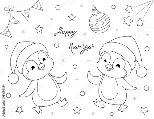 happy new year coloring page. cartoon penguins. you can print it on 8.5 x 11 inch paper. photo