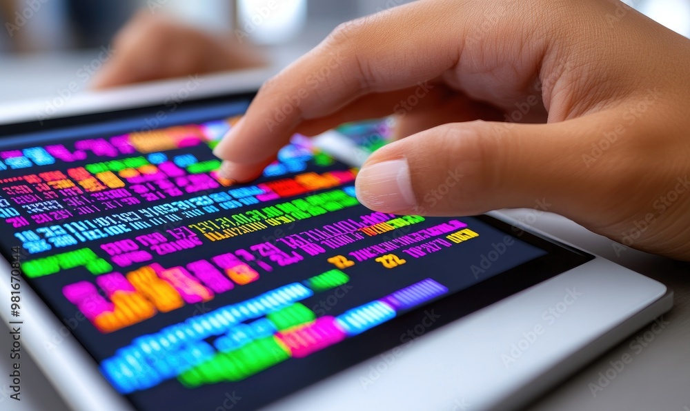 Person Browsing Financial News Articles on a Digital Tablet Surrounded by Stock Market Data Person Browsing Financial News Articles on a Digital Tablet Surrounded by Stock Market Data