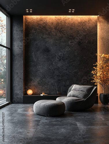 Modern living room with a comfy armchair and ottoman.