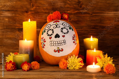 Pumpkin with painted skull,...