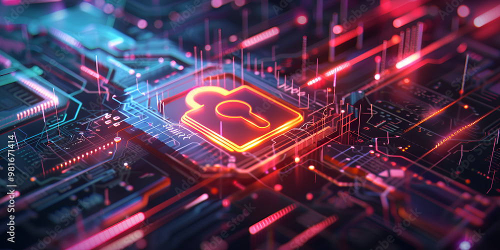 Cybersecurity Key Lock Symbol on Circuit Board, Digital Security Technology Concept Cybersecurity Key Lock Symbol on Circuit Board, Digital Security Technology Concept
