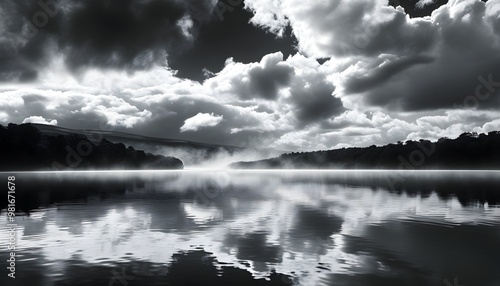 Divine clouds and mist envelop a serene black and white landscape above the tranquil depths of a silent water body photo