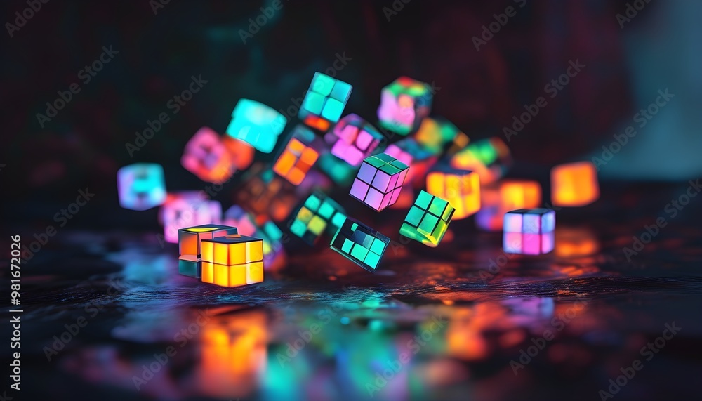 Eerie 90s blacklight art with glowing cubes defying gravity, pulsating