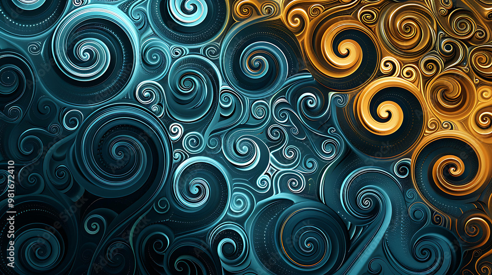 Abstract swirling pattern in teal and gold. Abstract swirling pattern in teal and gold.