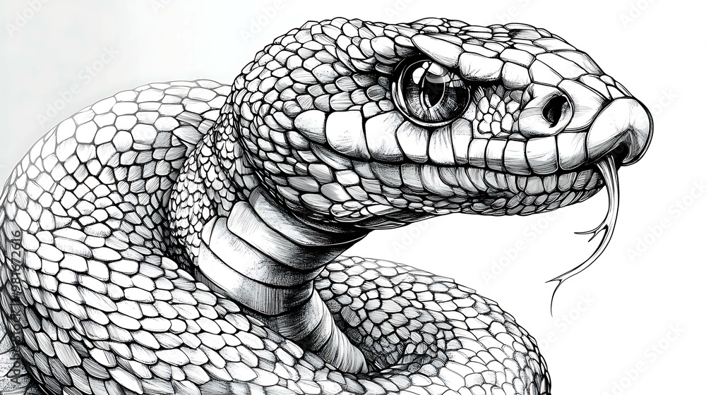 Naklejka premium Detailed black and white illustration of a snake.