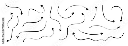 Black dotted arrows set. Wavy and curved dashed arrow collection. Doodle sketched thin pointers and direction lines. Dots outline stripe design elements bundle for flyer, poster, brochure. Vector
