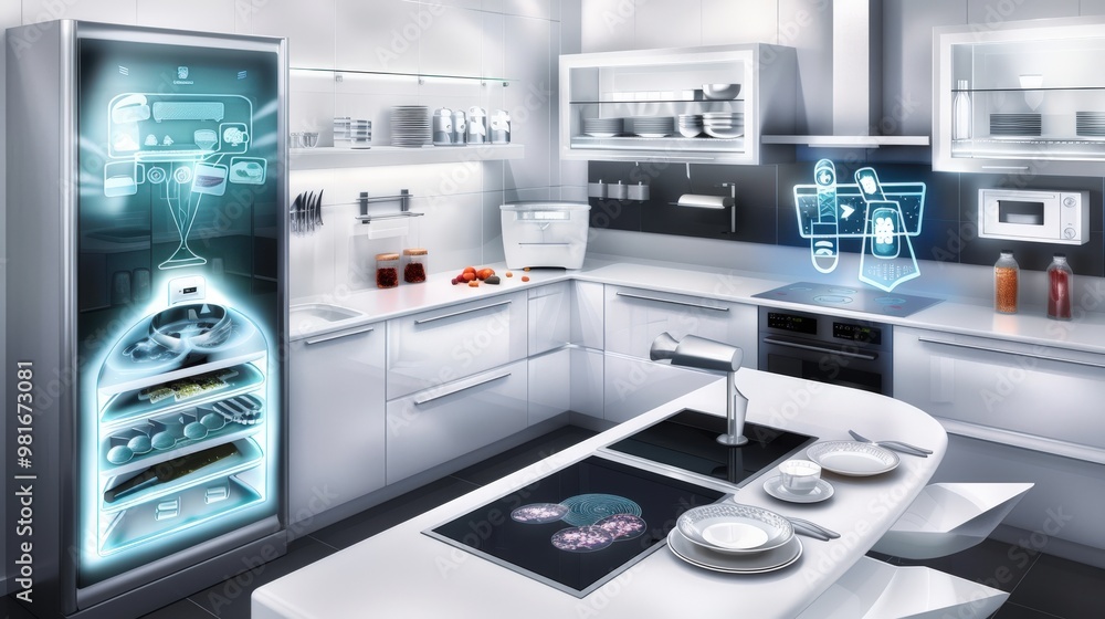 A high-tech kitchen with smart appliances, including a fridge that provides recipe suggestions and a voice-activated oven for convenience. A high-tech kitchen with smart appliances, including a fridge that provides recipe suggestions and a voice-activated oven for convenience.