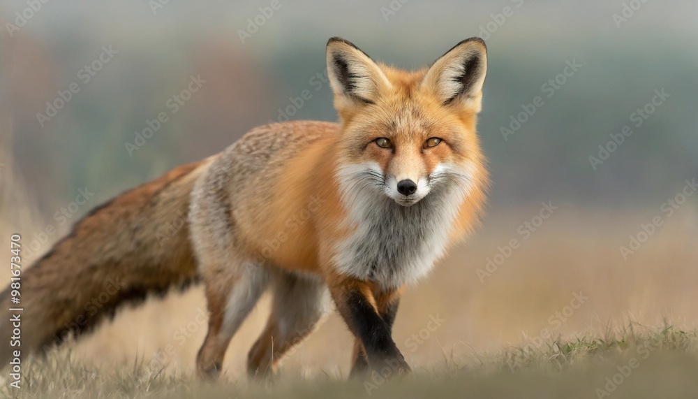 Isolated red fox with depth of field showcasing bushy tail and striking fur color