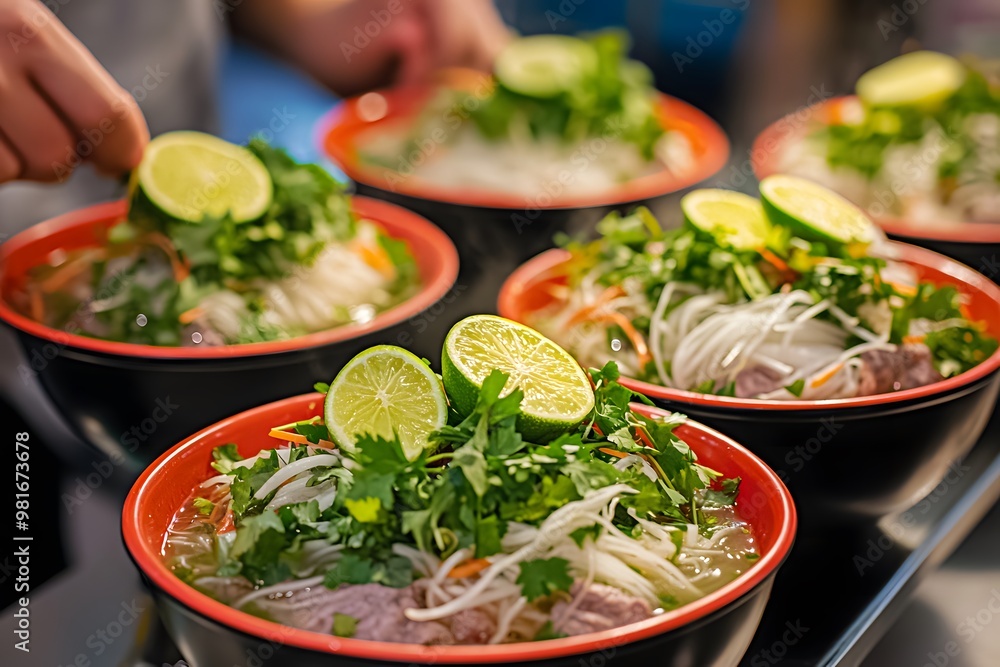 Close-Up of Vietnamese Pho Bowls with Fresh Cilantro and Lime Close-Up of Vietnamese Pho Bowls with Fresh Cilantro and Lime
