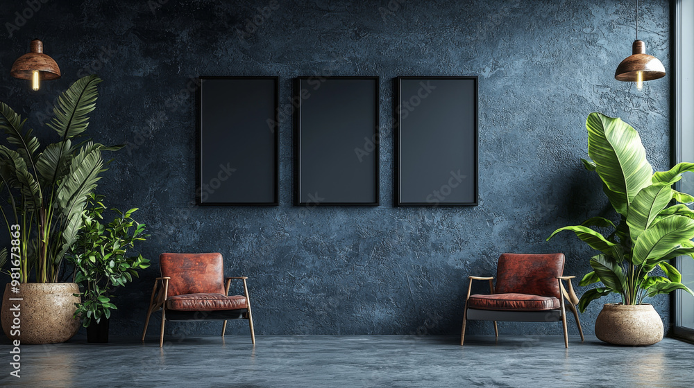 Fototapeta premium Three framed posters hang above two leather chairs.