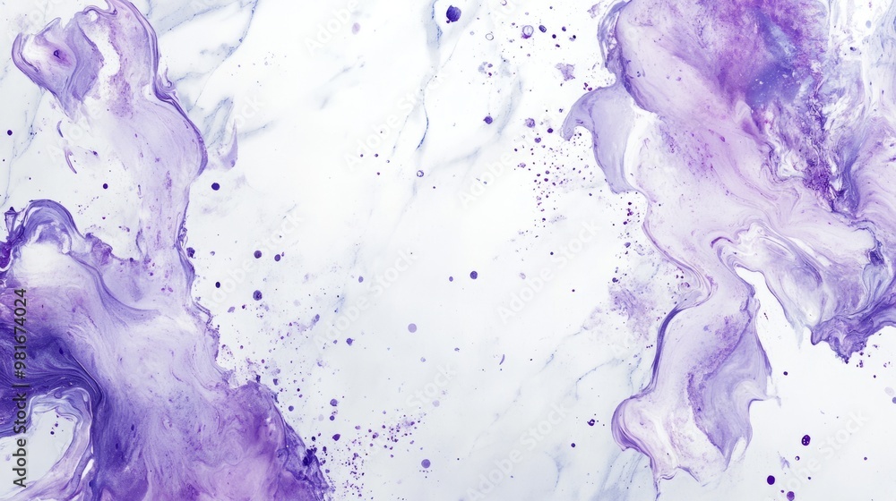 Fototapeta premium Splattered lavender paint on white marble, soft and dreamy abstract background generative ai