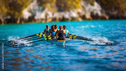 Women's rowing team on blue water