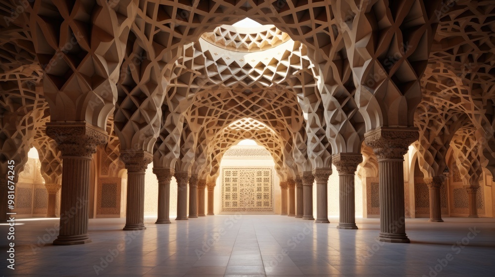 Obraz premium A grand hall with intricate arches and columns, bathed in soft light.