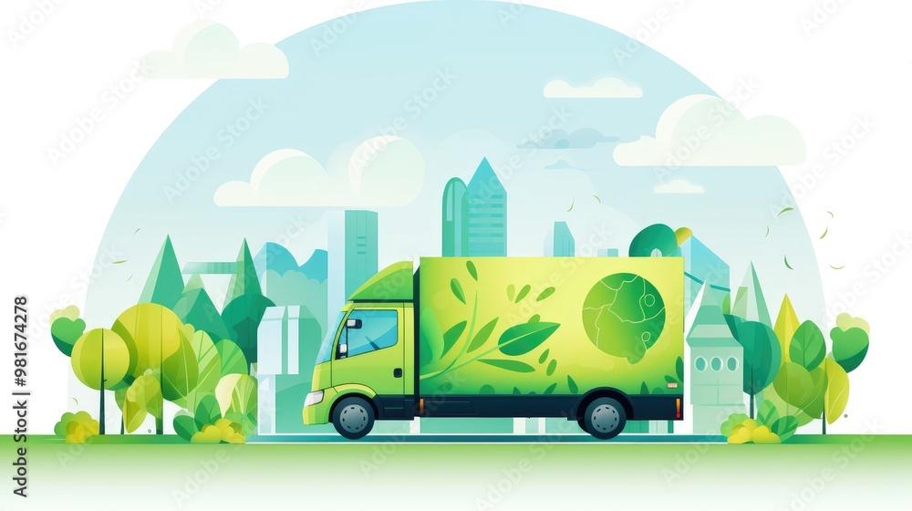 Naklejka premium A green delivery truck with a leafy design drives through a city park, delivering fresh produce and promoting eco-friendly transportation.