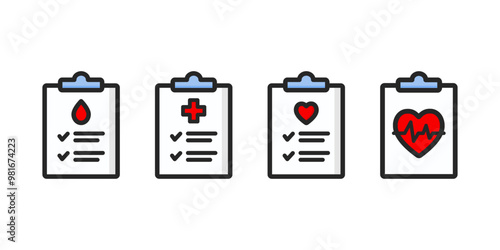 Set of medical file report icon. Clipboard document icon. Healthcare, consultation, health check, clinical record, treatment concept. Colored outline vector design isolated illustration.