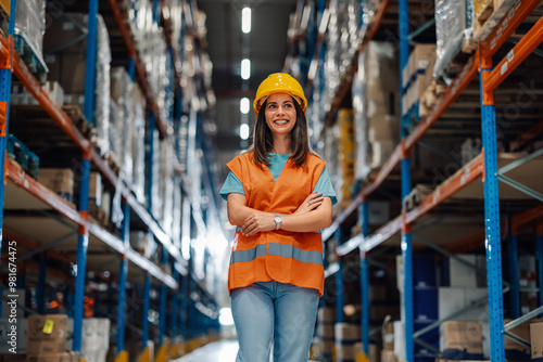 Portrait of a happy woman worker in warehouse aisle