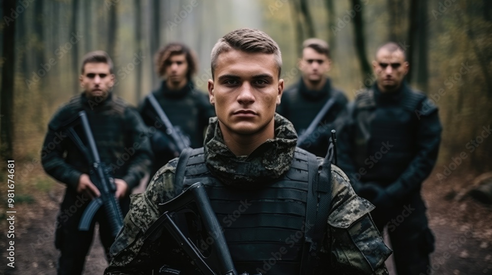 A group of soldiers stand in a forest, their faces grim and determined. They are armed with rifles and ready for action. A group of soldiers stand in a forest, their faces grim and determined. They are armed with rifles and ready for action.