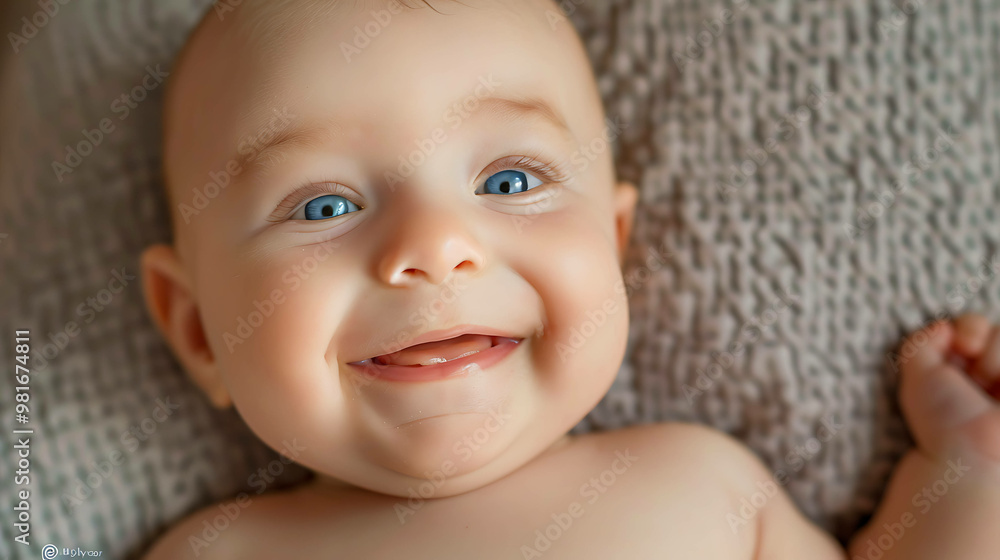 A baby with blue eyes and a toothy grin, looking up at the camera, lying on a fuzzy blanket. A baby with blue eyes and a toothy grin, looking up at the camera, lying on a fuzzy blanket.