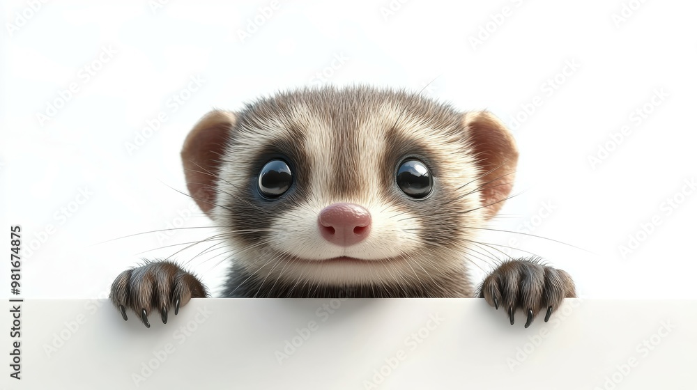 3D mischievous cartoon ferret poking its head out on a white background 3D mischievous cartoon ferret poking its head out on a white background
