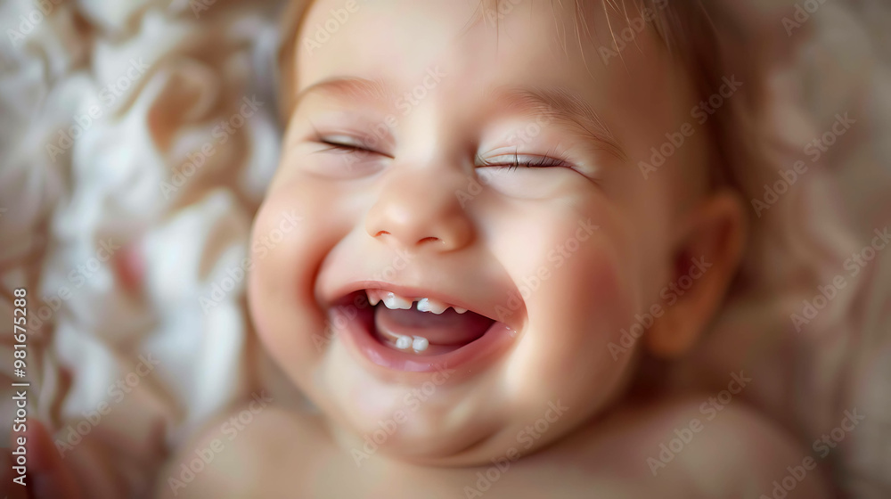 A close-up of a happy baby with a toothy grin, lying on a soft, light-colored blanket. A close-up of a happy baby with a toothy grin, lying on a soft, light-colored blanket.
